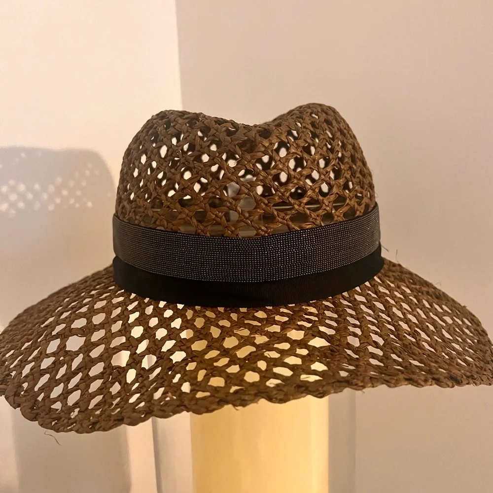 NWT Brunello Cucinelli Italy Size M Raffia women Hat Silver Monili Brown - Picture 6 of 13